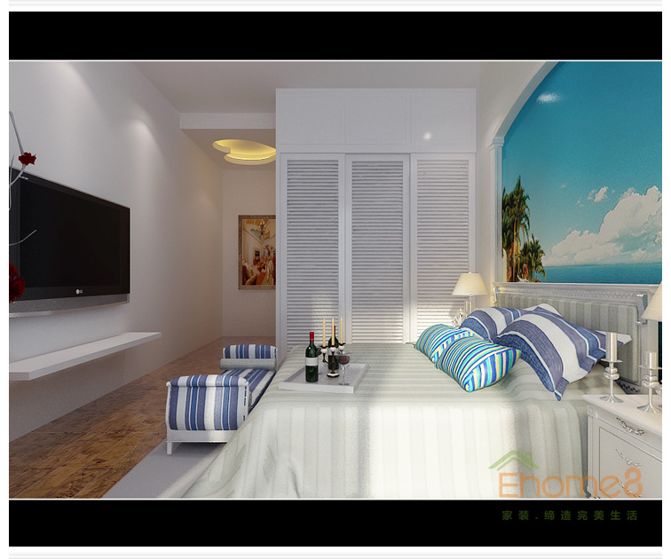 大城小院主臥藍(lán)色壁畫裝修效果圖