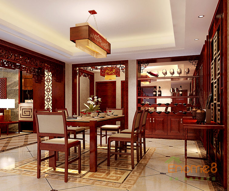 東郡99平米三房一廳中式餐廳酒柜裝修效果圖3