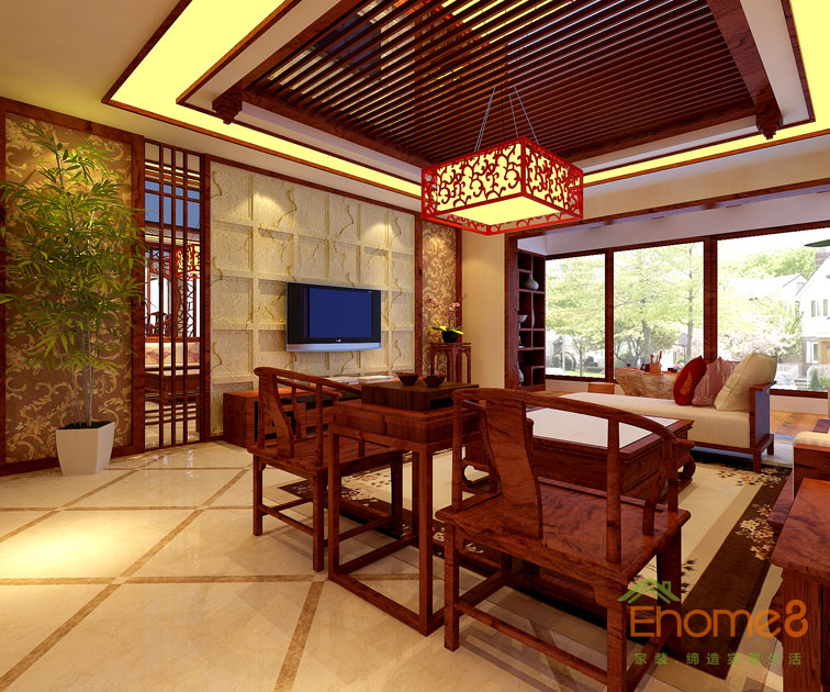 鳳嶺一號(hào)145平米四房?jī)蓮d中國(guó)風(fēng)紅木客廳裝修效果圖3
