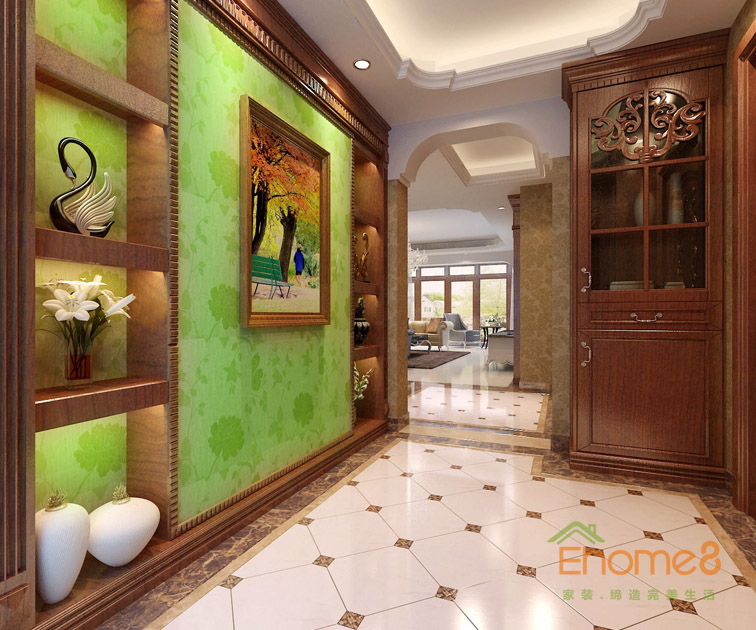 三房一廳112㎡歐洲復古風格過道玄關(guān)墻繪裝修效果圖1