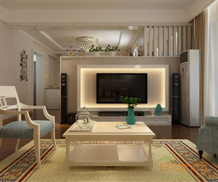 73㎡兩房一廳田園風(fēng)格客廳電視裝修效果圖1