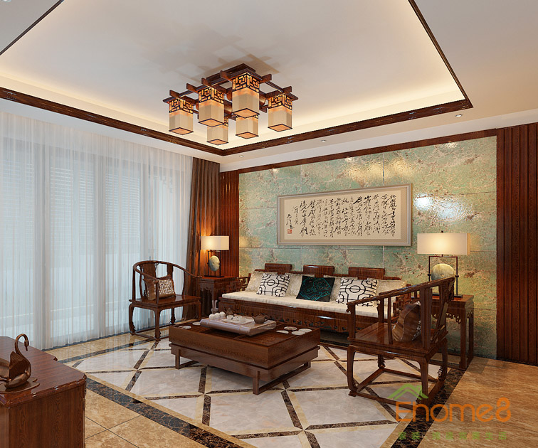 97㎡三房一廳中式原木風(fēng)格客廳吊燈背景墻裝修效果圖1