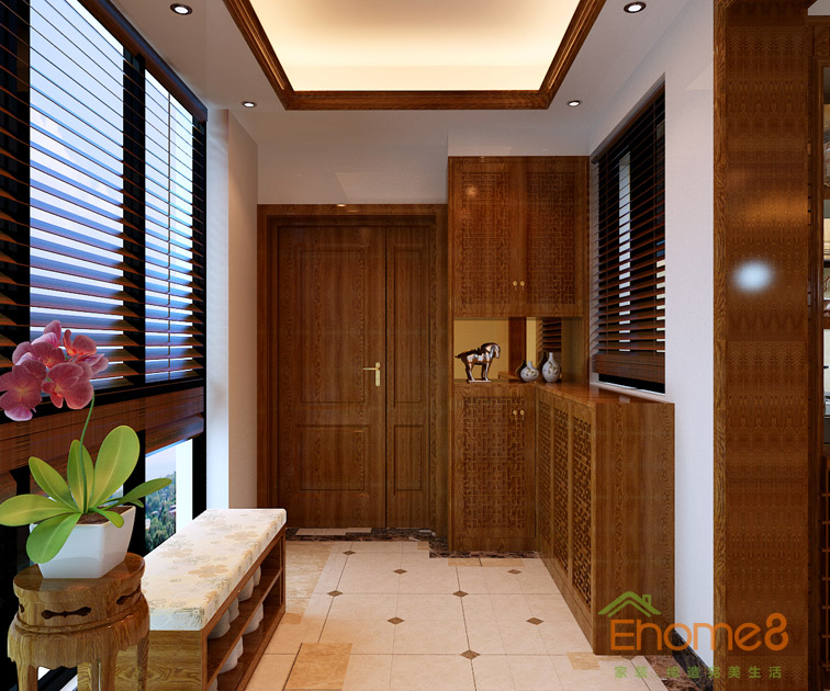 97㎡三房一廳中式原木風(fēng)格入戶玄關(guān)裝修效果圖1