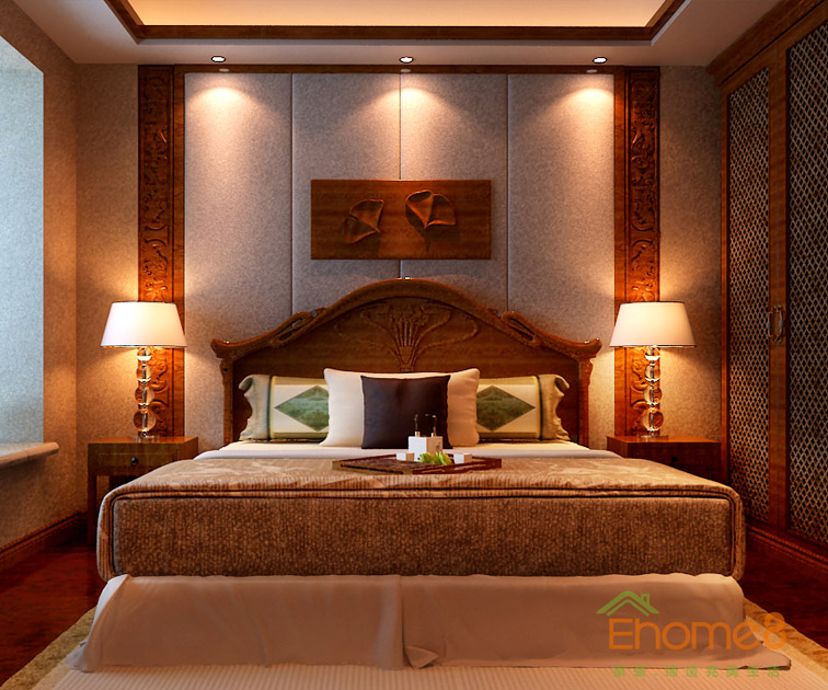 97㎡三房一廳中式原木風(fēng)格主臥裝修效果圖1