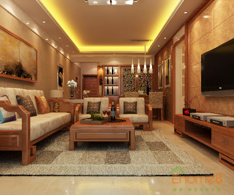 77㎡兩房一廳歐式風(fēng)格客廳全景裝修效果圖3