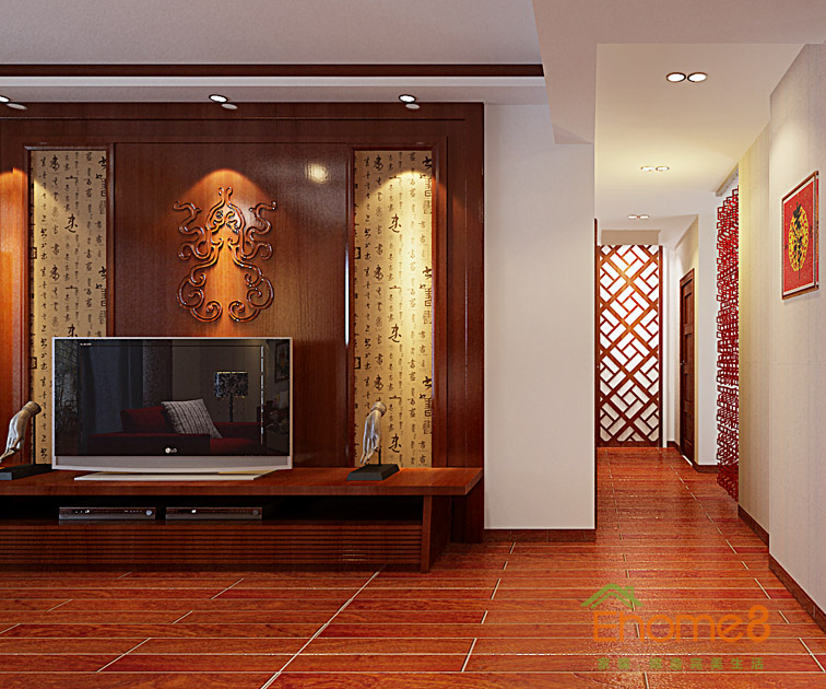 98㎡三房一廳中式田園風(fēng)格客廳電視背景墻裝修效果圖.jpg