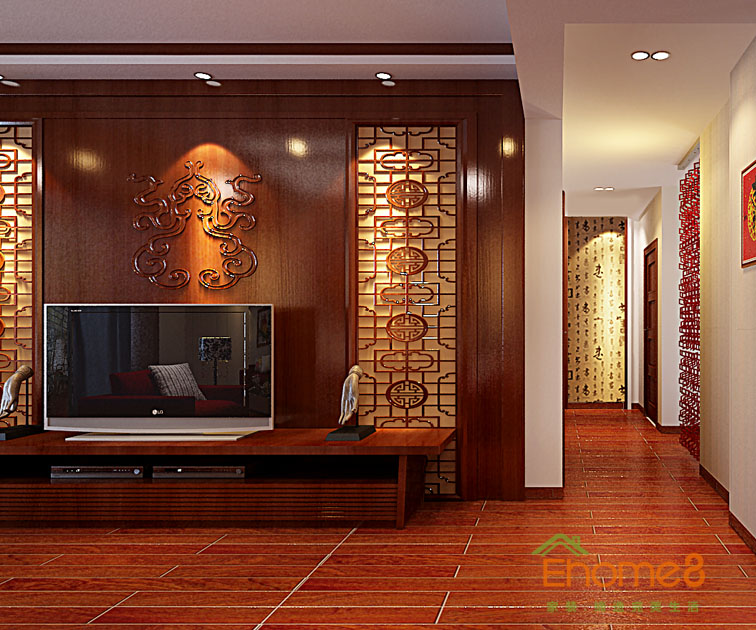 98㎡三房一廳中式田園風(fēng)格客廳電視背景墻裝修效果圖24556.jpg