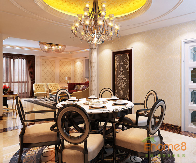 108㎡三房一廳法式風(fēng)格餐廳吊燈餐桌裝修效果圖96