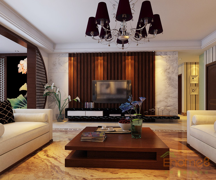 93㎡三房一廳歐式風(fēng)格客廳吊燈電視墻裝修效果圖.jpg