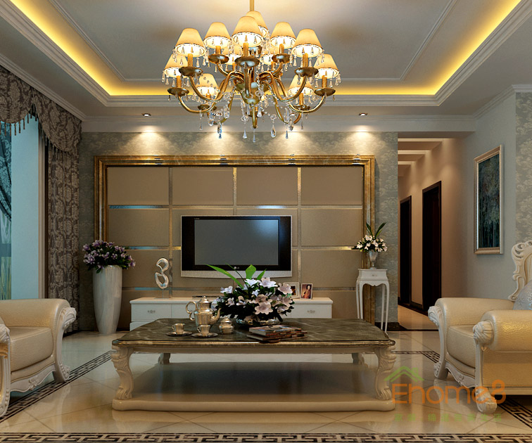 142㎡四房一廳法式風(fēng)格客廳吊燈電視墻裝修效果圖22