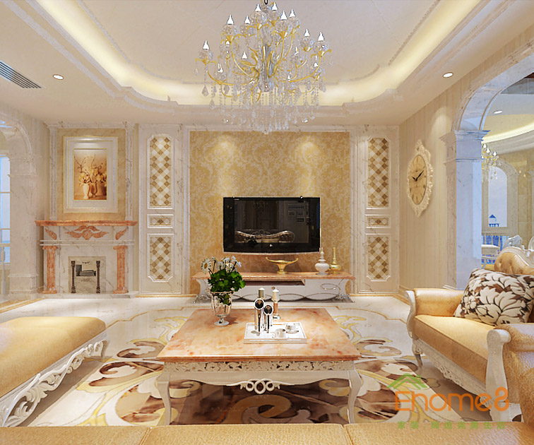 112㎡三房一廳歐式風(fēng)格客廳吊燈電視墻裝修效果圖33.jpg