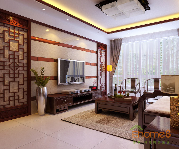 72㎡兩房一廳中式原木風(fēng)格客廳裝修效果圖555