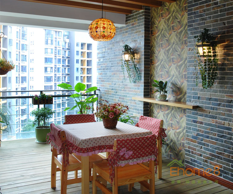 93㎡三房一廳田園風(fēng)格陽臺(tái)裝修效果圖