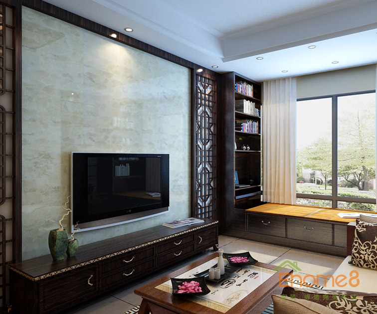 42㎡小戶型中式原木風(fēng)格客廳電視墻裝修效果圖