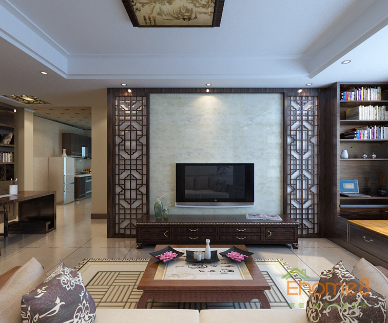42㎡小戶型中式原木風(fēng)格客廳電視墻裝修效果圖22