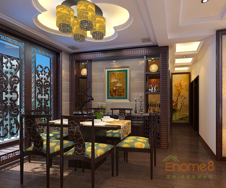 93㎡三房一廳中式原木風格餐廳裝修效果圖