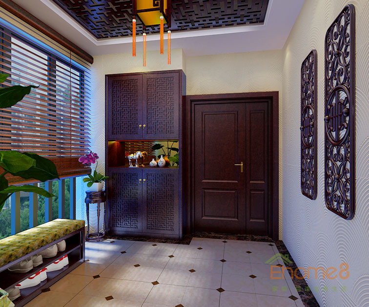 93㎡三房一廳中式原木風格入戶玄關(guān)裝修效果圖