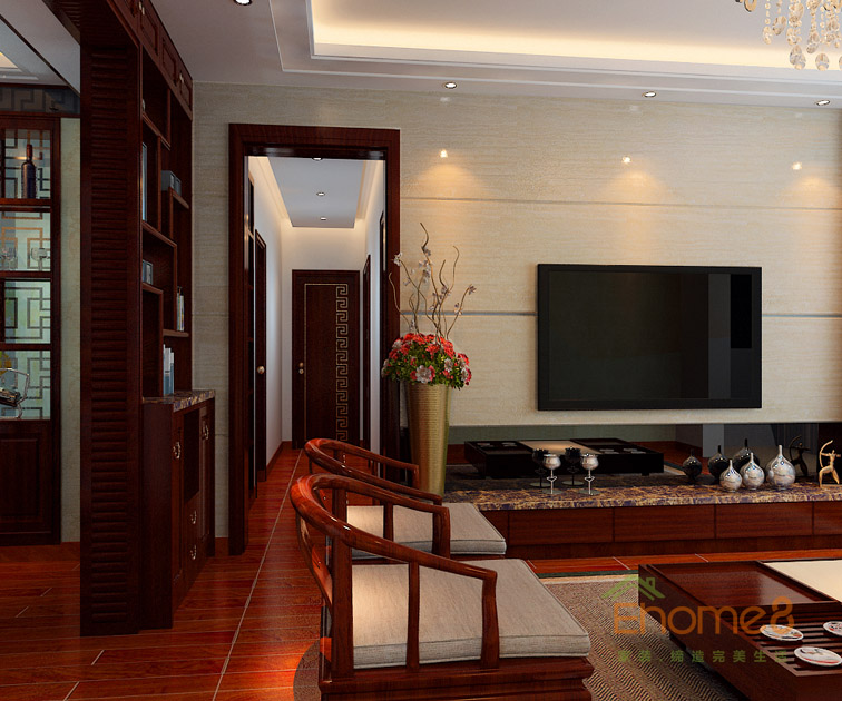 69㎡兩房一廳中式風(fēng)格客廳過道裝修效果圖