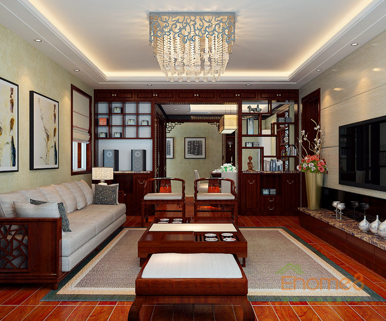 69㎡兩房一廳中式風(fēng)格客廳全景裝修效果圖