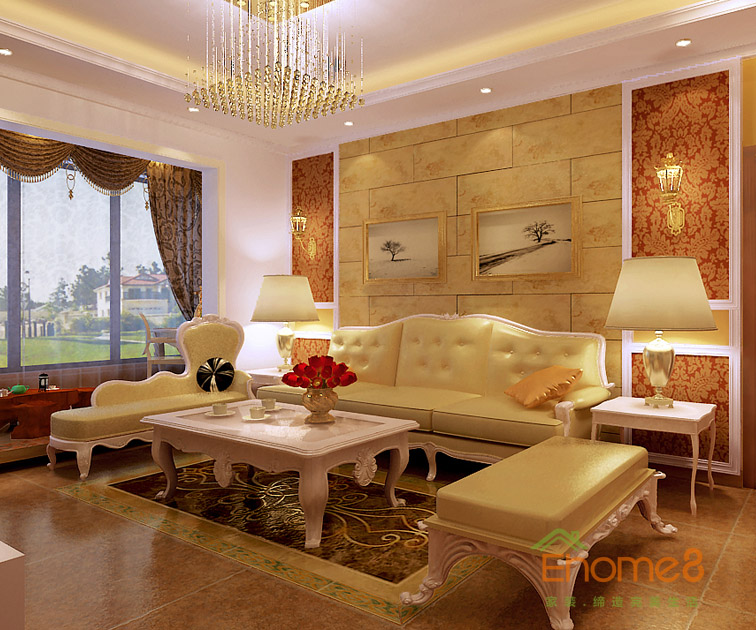 96㎡三房一廳法式風(fēng)格客廳沙發(fā)背景墻裝修效果圖.