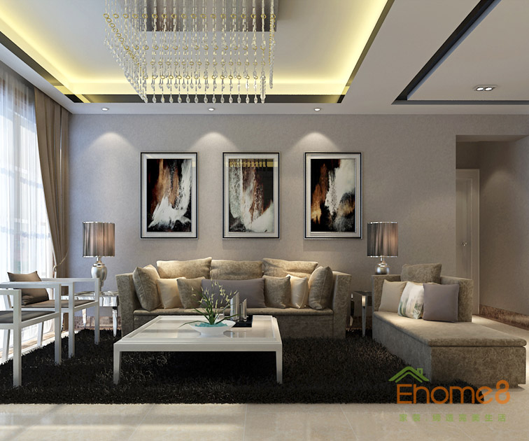 71㎡兩房一廳美式風格客廳沙發(fā)背景墻裝修效果圖