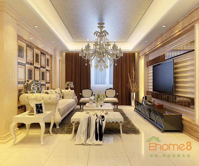 72㎡兩房一廳歐洲風(fēng)格客廳全景裝修效果圖