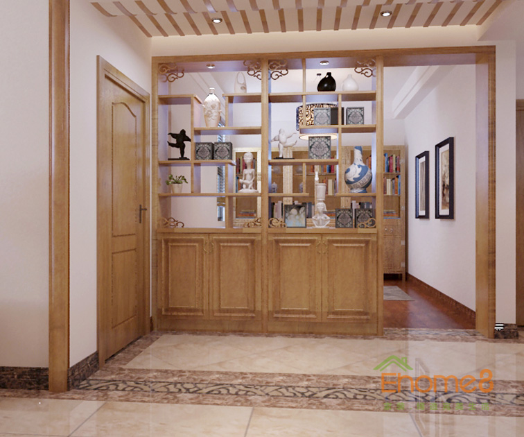 98㎡三房一廳中式原木風(fēng)格博古架裝修效果圖