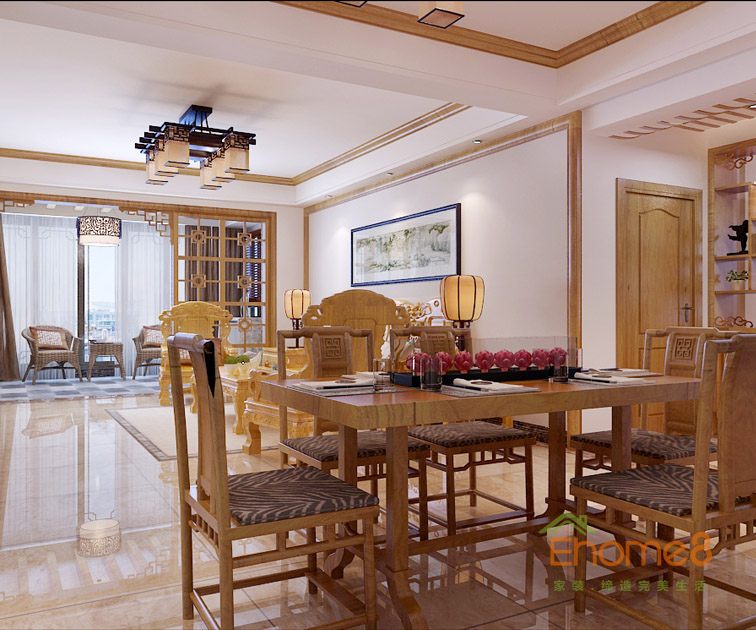98㎡三房一廳中式原木風(fēng)格餐廳裝修效果圖