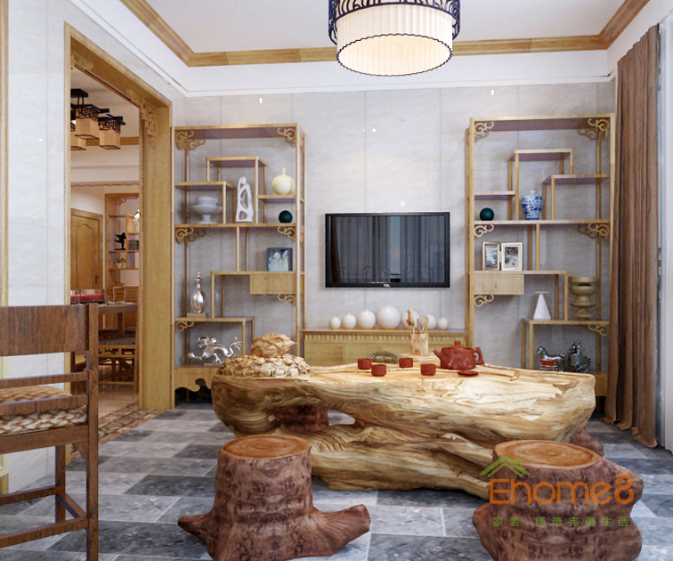 98㎡三房一廳中式原木風(fēng)格茶座裝修效果圖
