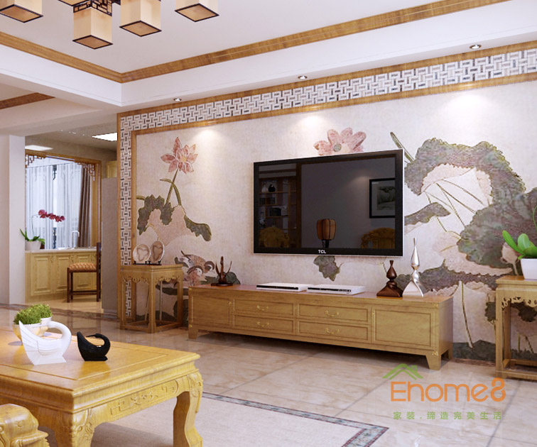 98㎡三房一廳中式原木風(fēng)格客廳電視墻裝修效果圖