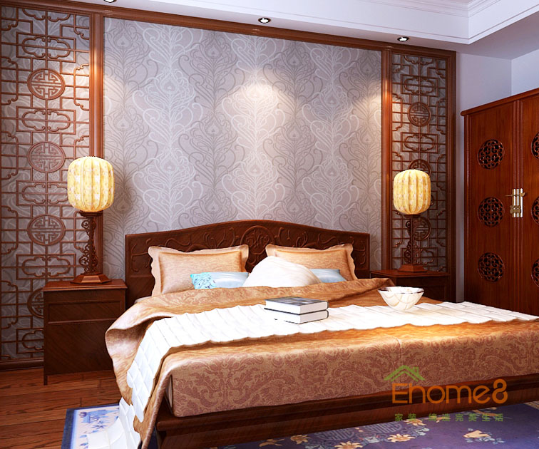 98㎡三房一廳中式原木風(fēng)格主人房裝修效果圖