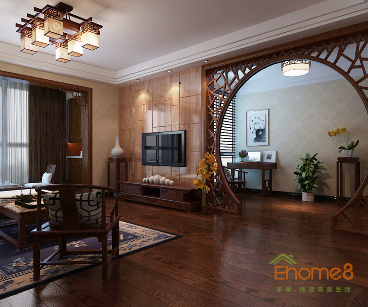 106㎡三房一廳中式風(fēng)格客廳過(guò)道裝修效果圖