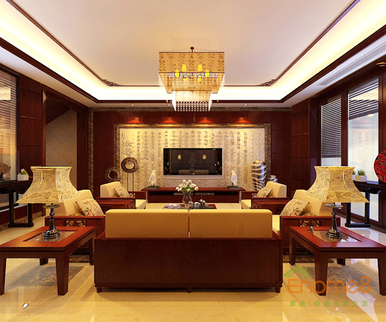 112㎡三房一廳中式原木風(fēng)格客廳裝修效果圖.jpg