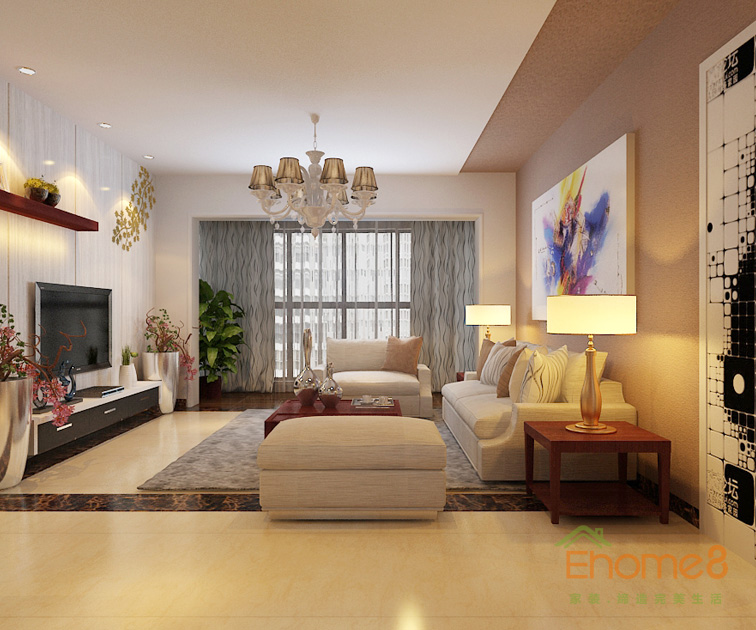 106㎡兩房一廳現(xiàn)代簡約風格客廳全景裝修效果圖