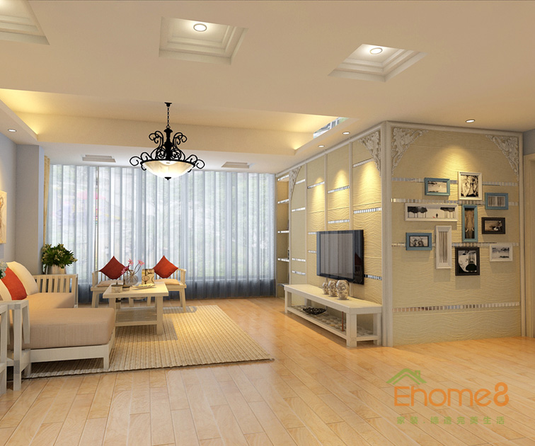 76㎡兩房一廳美式風(fēng)格客廳全景裝修效果圖