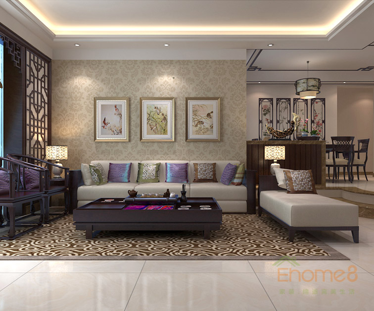 75㎡兩房一廳中式風(fēng)格客廳沙發(fā)裝修效果圖