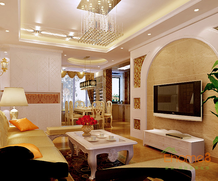 102㎡三房一廳法式風(fēng)格客廳全景裝修效果圖