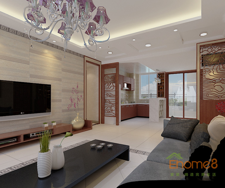 72㎡兩房一廳中式風(fēng)格客廳吊燈裝修效果圖