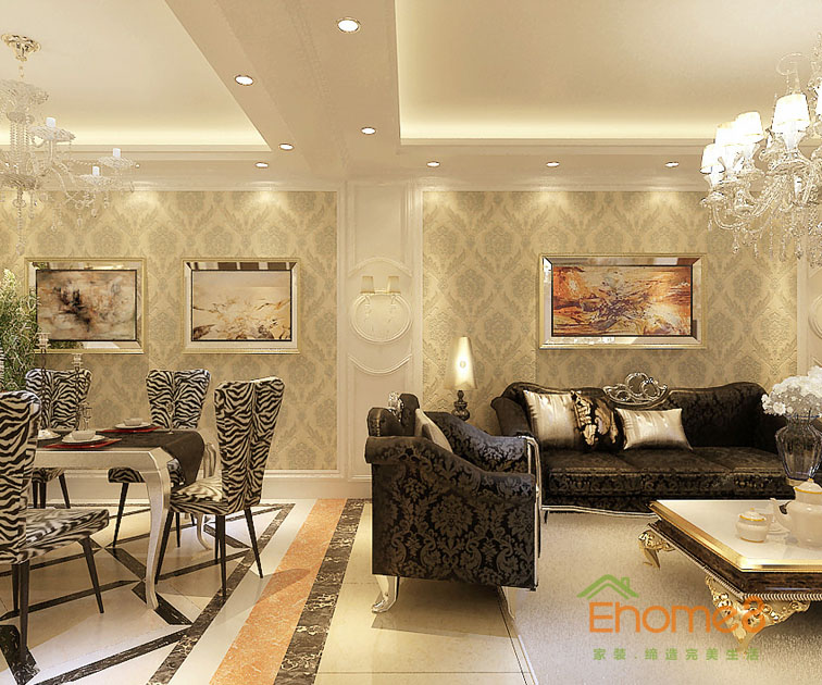 98㎡三房一廳歐式風(fēng)格客廳餐廳裝修效果圖