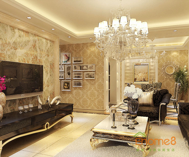 98㎡三房一廳歐式風(fēng)格客廳吊燈裝修效果圖