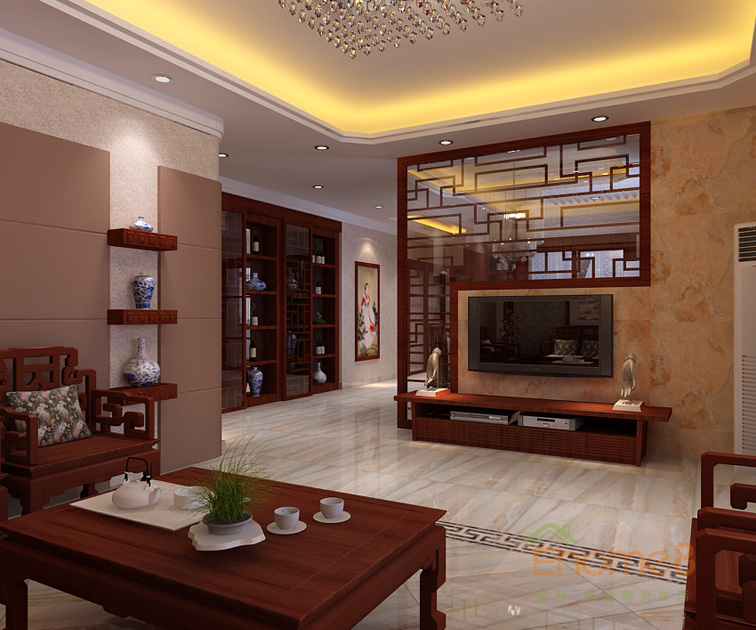 68㎡兩房一廳中式原木風(fēng)格電視墻裝修效果圖