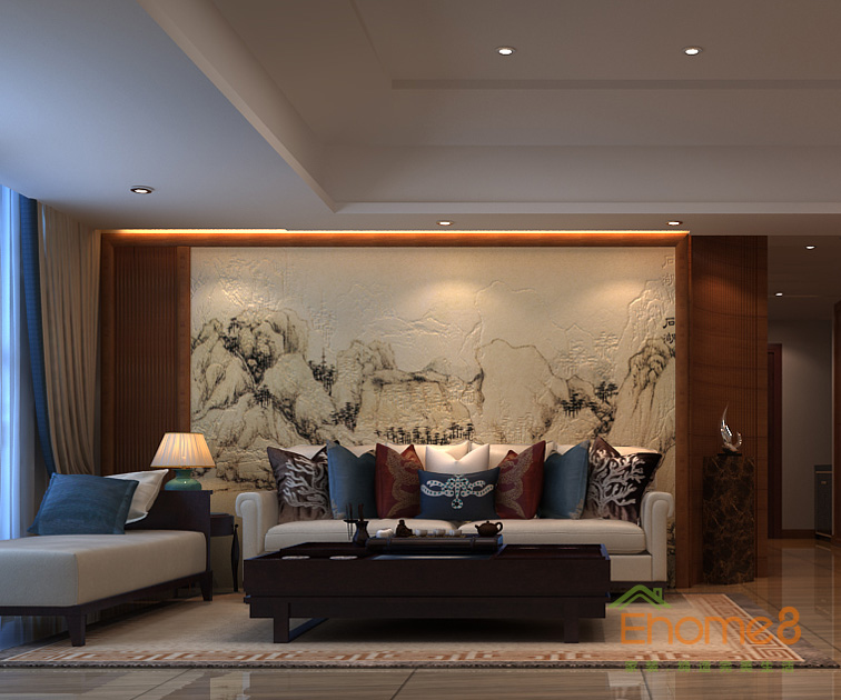 99㎡三房一廳中式優(yōu)雅風(fēng)格客廳背景墻裝修效果圖