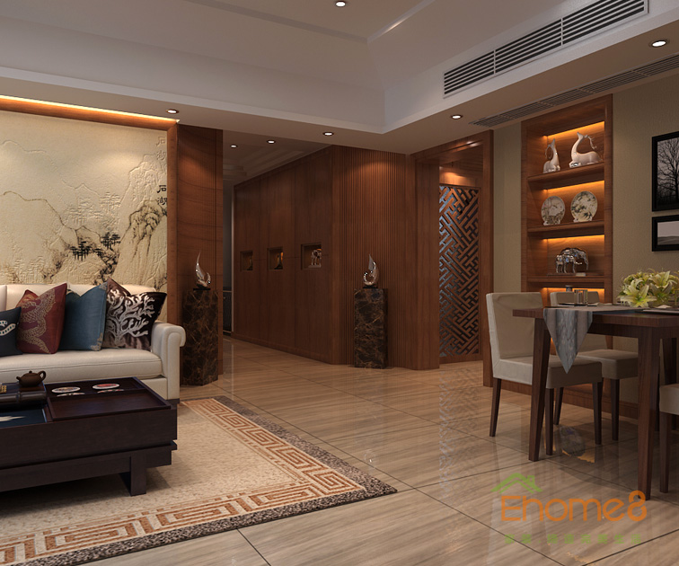 99㎡三房一廳中式優(yōu)雅風(fēng)格客廳過道裝修效果圖