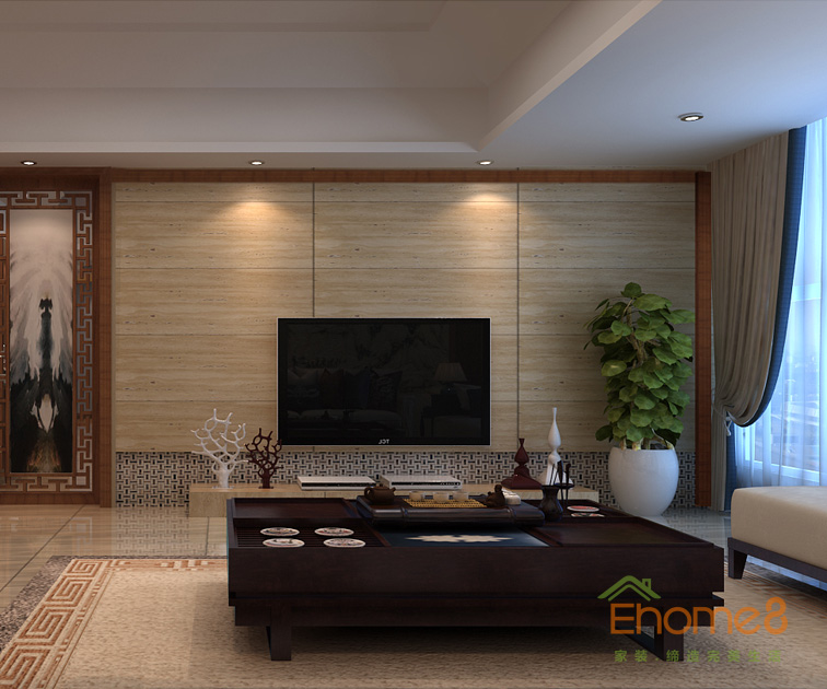 99㎡三房一廳中式優(yōu)雅風(fēng)格客廳裝修效果圖