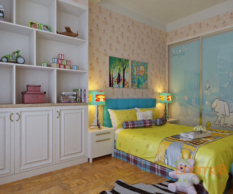 99㎡三房一廳現(xiàn)代中式風(fēng)格兒童房裝修效果圖