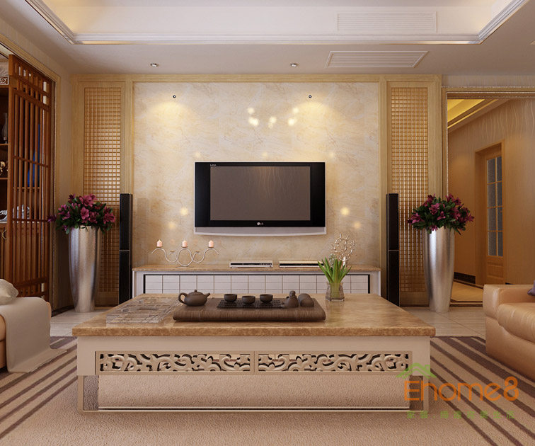 99㎡三房一廳現(xiàn)代中式風(fēng)格客廳電視墻裝修效果圖