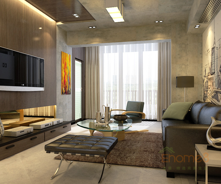 65㎡兩房一廳現(xiàn)代簡約風格客廳全景裝修效果圖