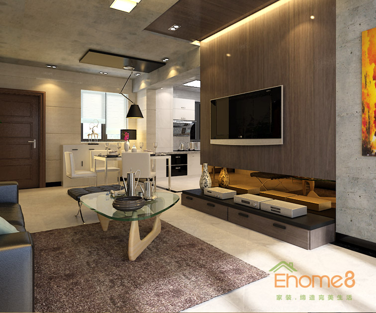 65㎡兩房一廳現(xiàn)代簡約風格客廳全局裝修效果圖